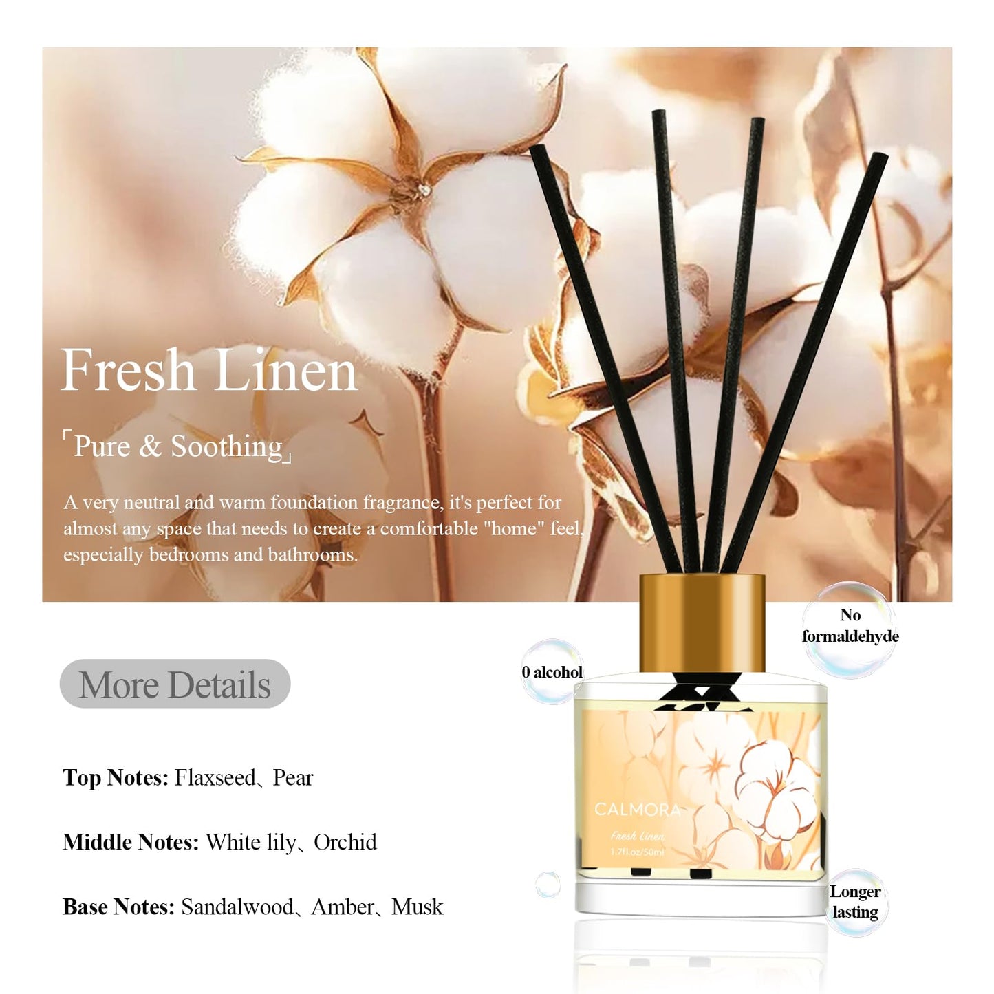 CALMORA Reed Diffuser Gift Set of 3, 50ml Home Fragrance Diffuser with 15 Reeds Sticks | Flameless Lily & Jasmine/Lavender/Fresh Linen Scented Oil for Women, Mom, Housewarming