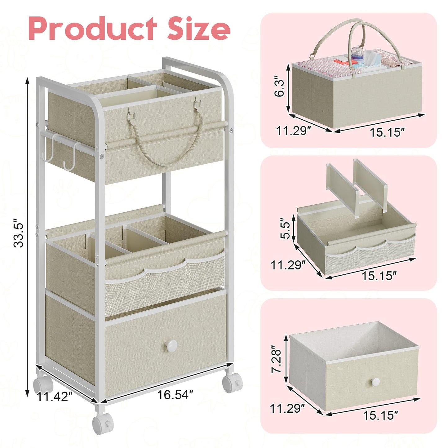 Cidaziya 2In1 Baby Diaper Caddy Organizer and Storage, 3 Tier Rolling Cart with Drawer, Detachable Dividers, Mobile Utility Cart Baby Dresser Clothes Organizer for Baby Essentials, Bedroom, Nursery