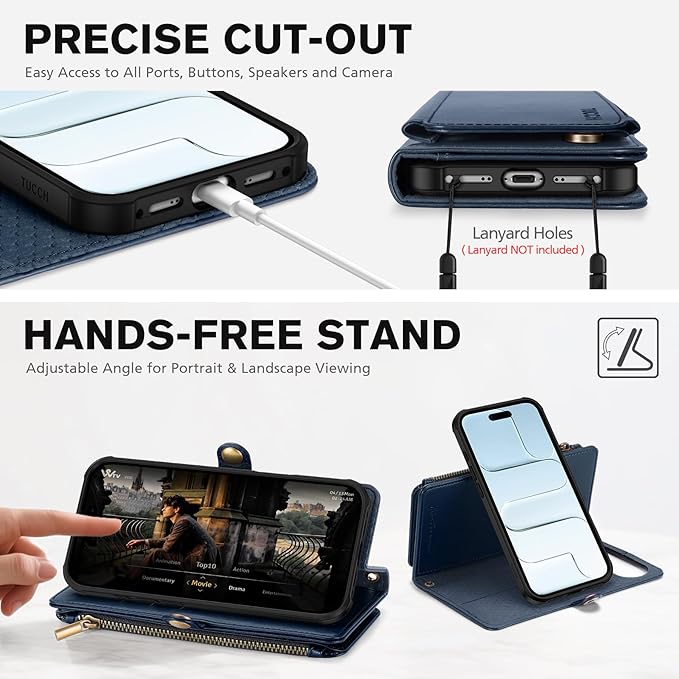 TUCCH Crossbody Detachable Wallet Case for iPhone Air 6.5" 2025, 9 Card Holders RFID Blocking, Wireless Charging, Stand, Wrist Strap, Lanyard, Zipper Pocket, PU Leather Shockproof Cover, Dark Blue