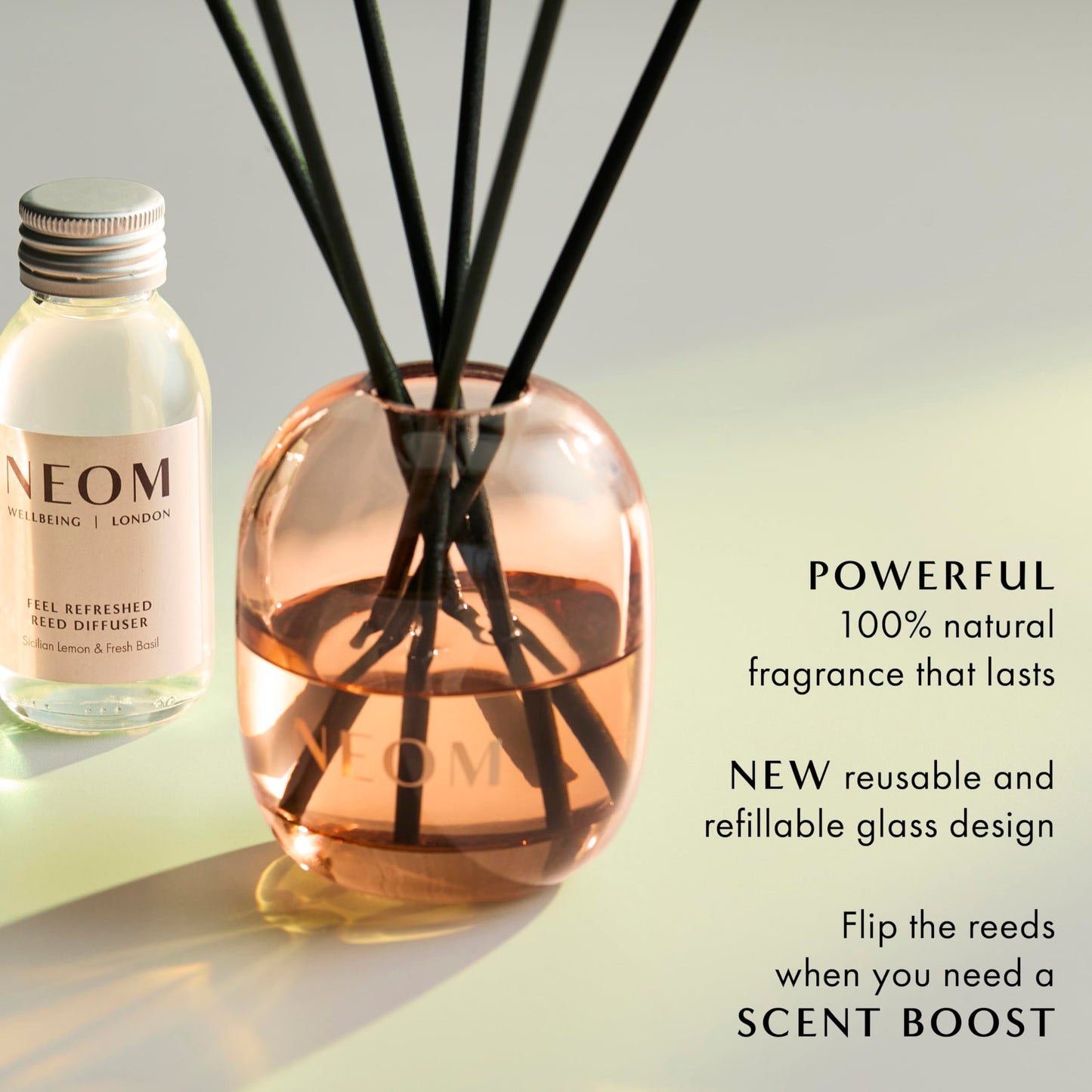 NEOM Feel Refreshed Reed Diffuser, 100ml | Sicilian Lemon & Basil I Pure Essential Oils I 100% Natural Fragrances I Lasts 12 Weeks I Refillable and Reusable