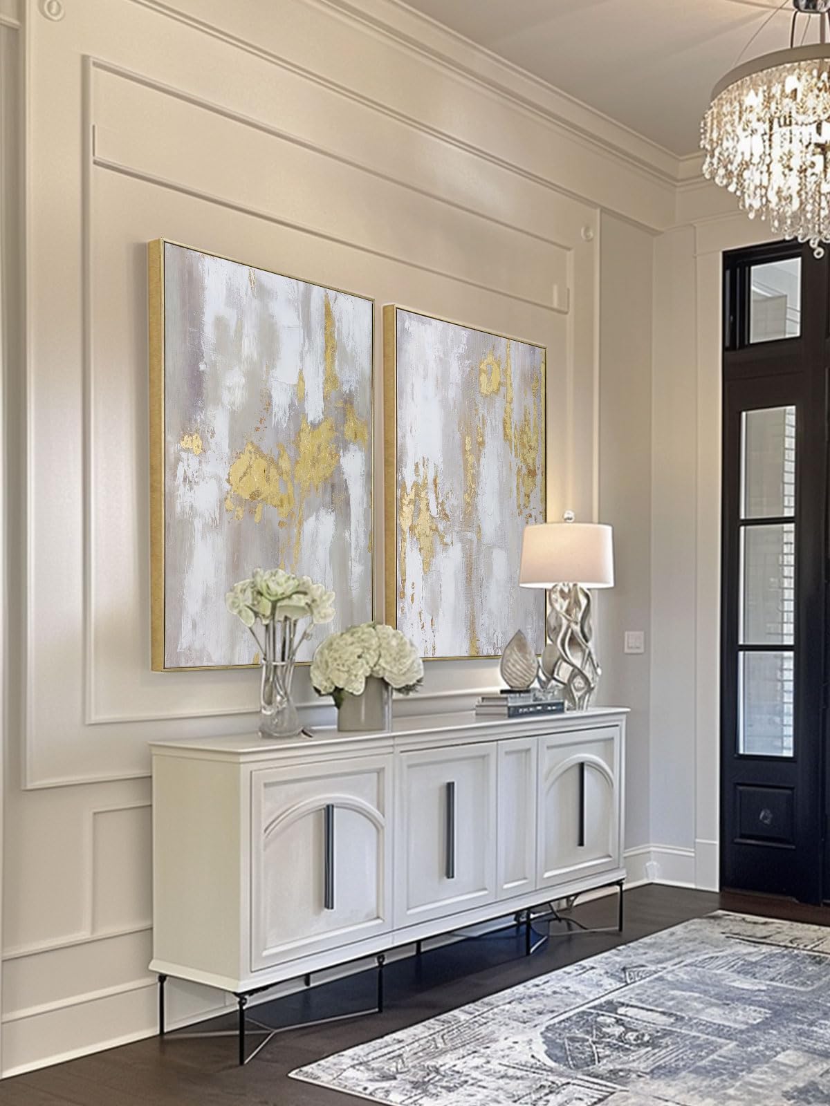 Modern Gold and Neutral Abstract Wall Art - 24x36 inch x 2, Framed Canvas Artworks - Contemporary Décor for living room，bedroom