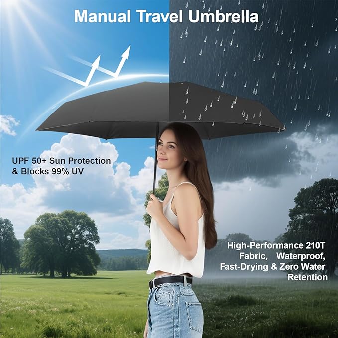 Compact Travel Umbrella - Mini Manual Umbrella for Purse, Windproof & UPF 50+ Sun & Rain Protection, Lightweight Portable Folding with Case for Women, Men，Kids