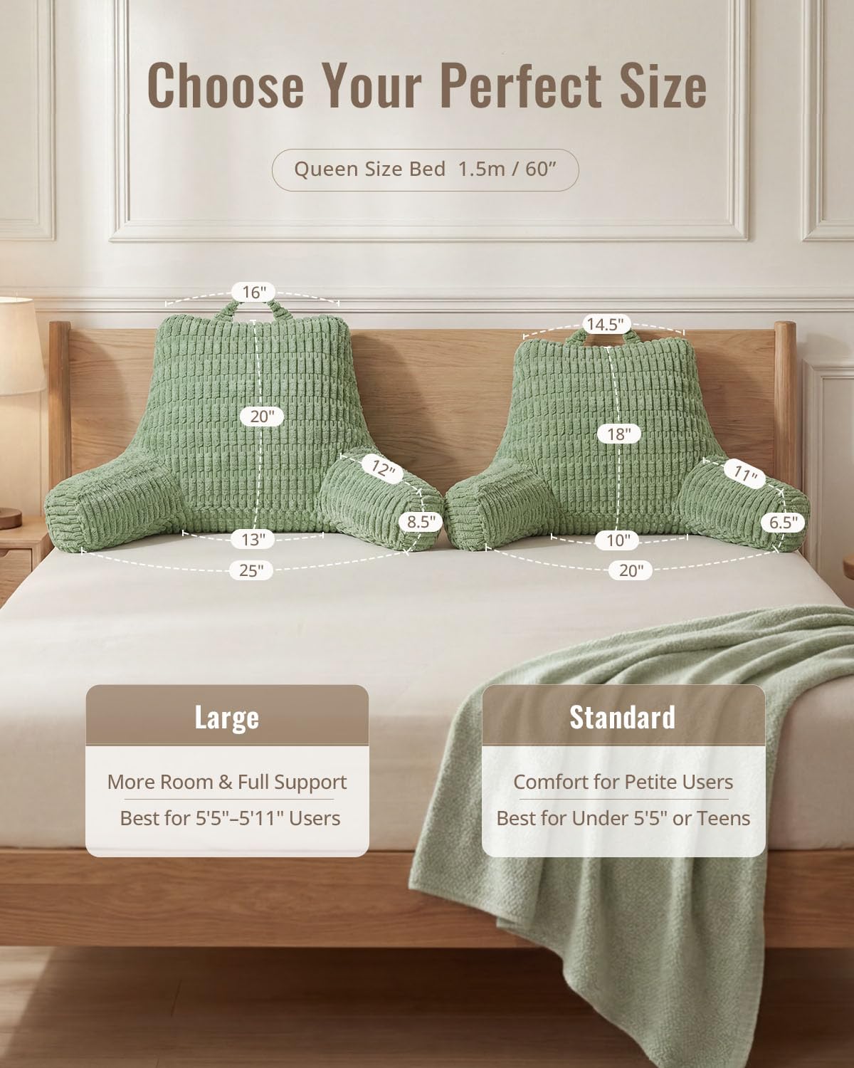 Blissful Diary Reading Pillow, Backrest Pillow with Shredded Memory Foam for Adult & Children, Designed for Bed and Couch Sitting Up, Includes Arms, Pockets and Washable Cover, Sage Green
