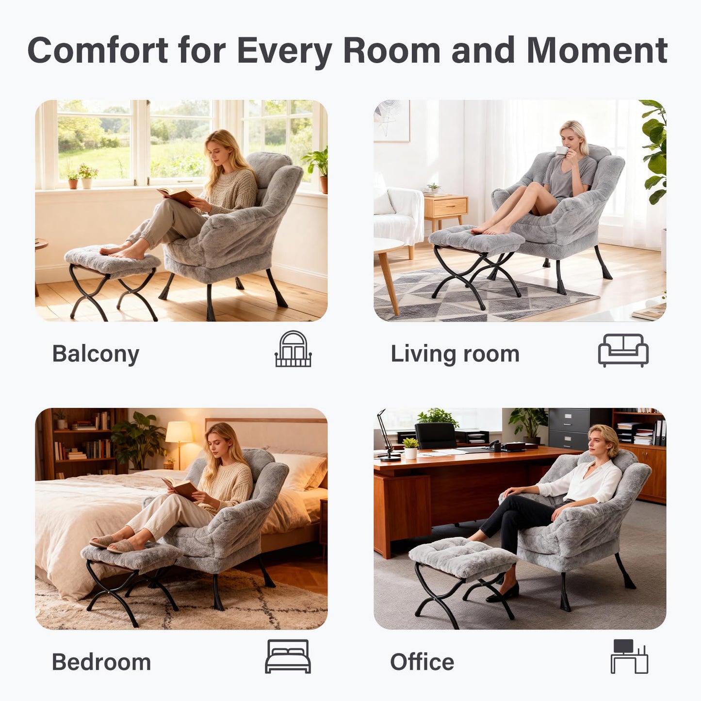 SESHINELL Lazy Chair with Ottoman, Modern Accent Lounge Leisure Sofa with Armrests, Reading Chair and Folding Footstool for Living Room, Bedroom, Office, Plush Grey