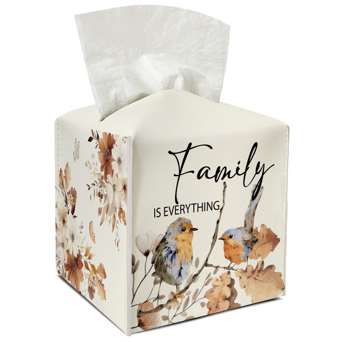 Family Leather Tissue Holder with Bottom Belt for Women Housewarming Gift Floral Bird Tissue Box Cover Bathroom Car Nightstand Vanity Kitchen Decor Waterproof Napkin Organizer Dispenser - FS713
