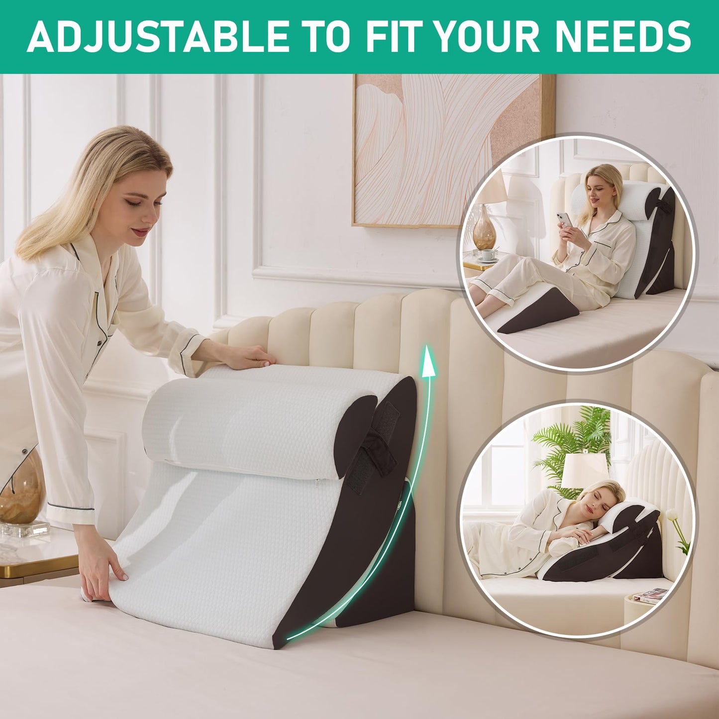 Bambulex 4PCS Wedge Pillow Set for After Surgery, Orthopedic Bed Wedge Pillow for Back Pain Relief, Sitting Up in Bed, Acid Reflux, Adjustable Post Surgery Pillows for GERD, Snoring, White/Grey