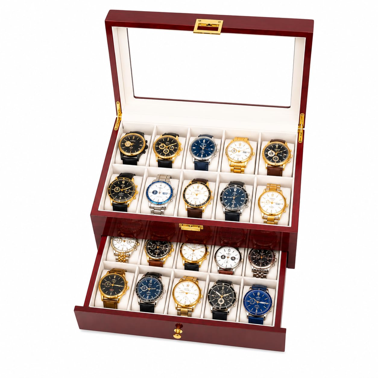 Craftilux High End 20 Slot Rosewood Watch Box for Men, 2 Tier Watch Organizer with Glass Display Lid, Velvet Lined Watch Case Storage for Up to 45mm Watches, Luxury Watch Holder Gift for Collectors