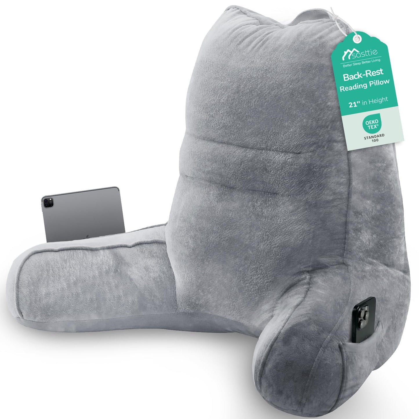 Sasttie Reading Pillow, Pillows for Reading or Relaxing – Ergonomic Support for Head, Neck, Back, and Lumbar, 21-Inch, Dark Grey