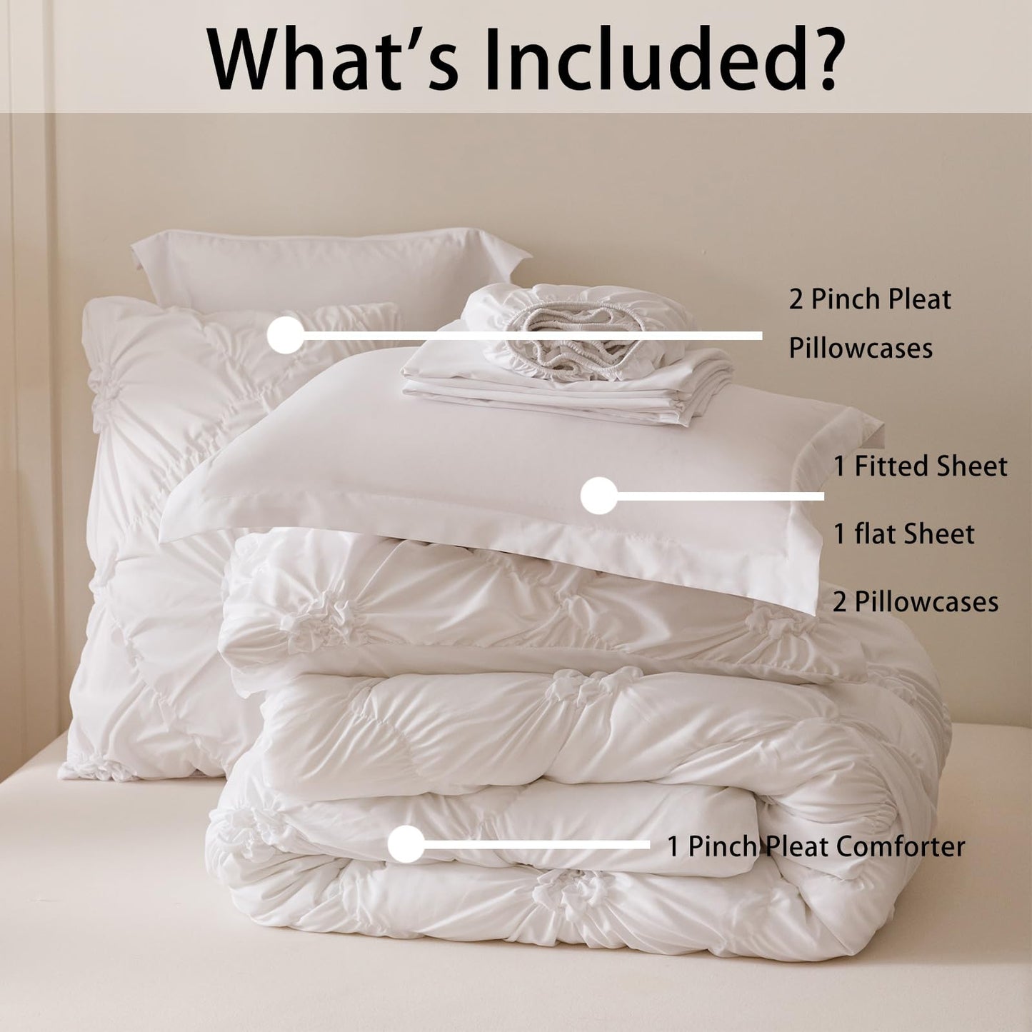 Nttopship White Queen Comforter Set - 7 Pieces Bed in a Bag, Premium Comforters Queen Size Bed Set Pintuck Pinch Pleat Complete Comforter Set with Flat Sheet, Fitted Sheet and Pillowcases,White