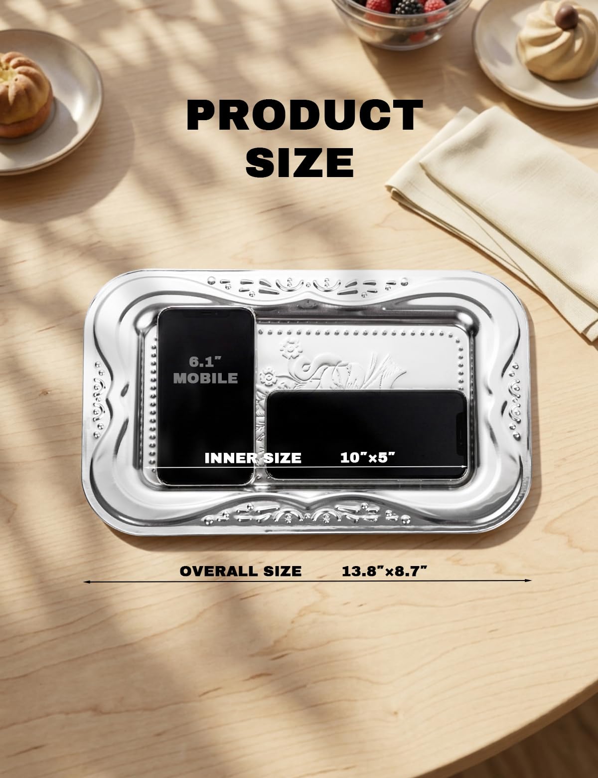 4-Pack Silver Serving Trays Set - ZENOVLUX Lightweight Bow Floral Engraved Mirror Decorative Tray, 13.8" x 8.7" Wedding Party Platters for BBQ, Food, Appetizer, Charcuterie, Cookies, Desserts