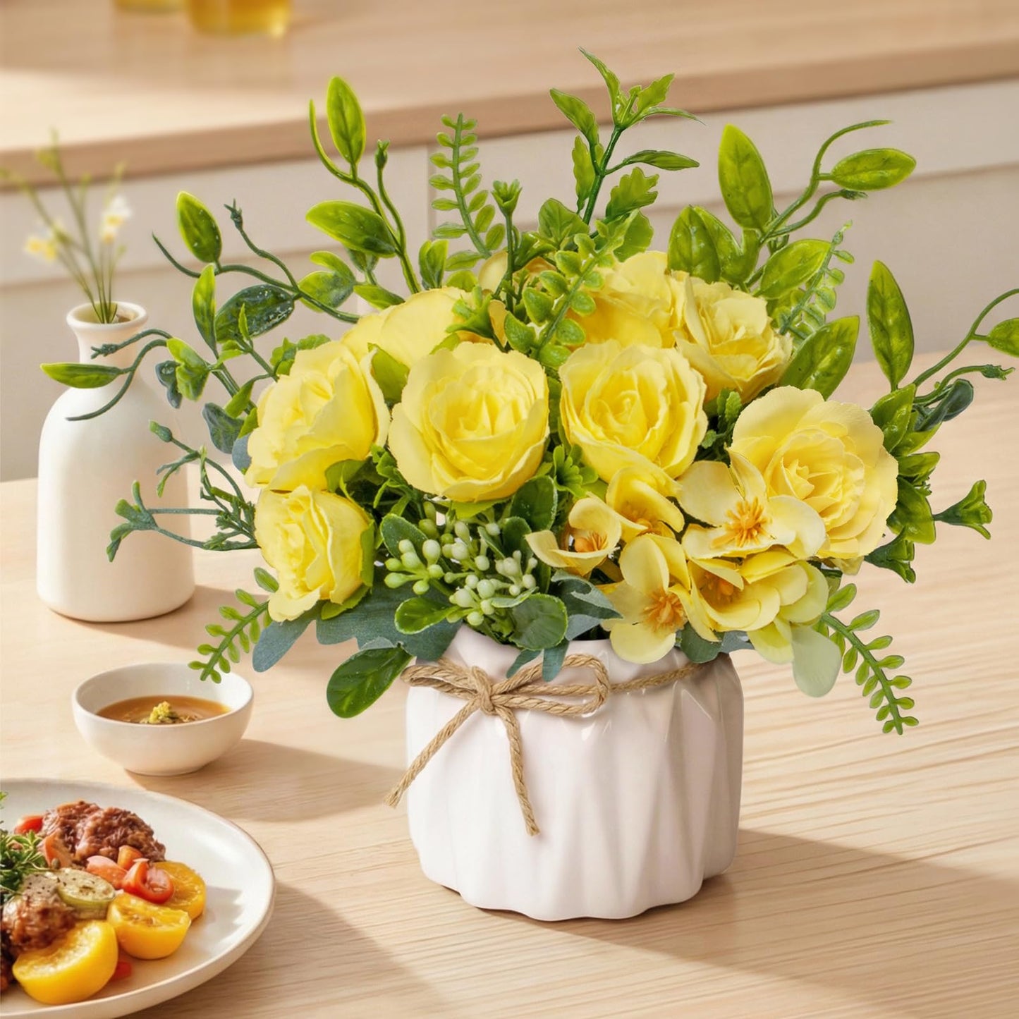 Mandarooker Yellow Artificial Silk Roses with Ceramic Vase, No Maintenance Faux Flower Arrangement, 6.3 Inch Realistic Table Decor for Home Office Wedding