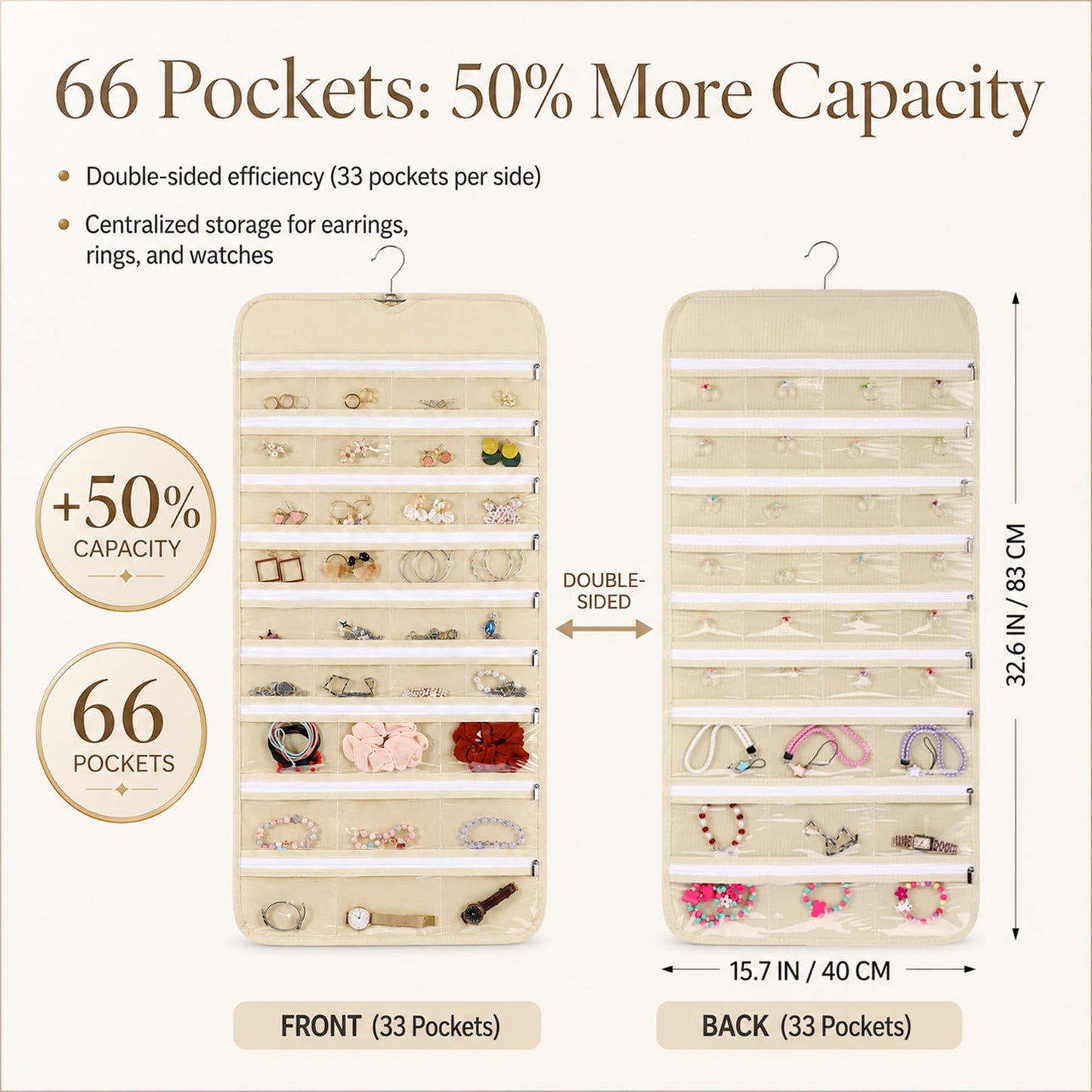 Cabilock 66 Pockets Hanging Jewelry Organizer, Double Sided Zippered Earring Holder with Clear Pockets, Space Saving Necklace Bracelet Ring Storage Bag for Closet, Door, Wall and Travel, Beige 1pcs
