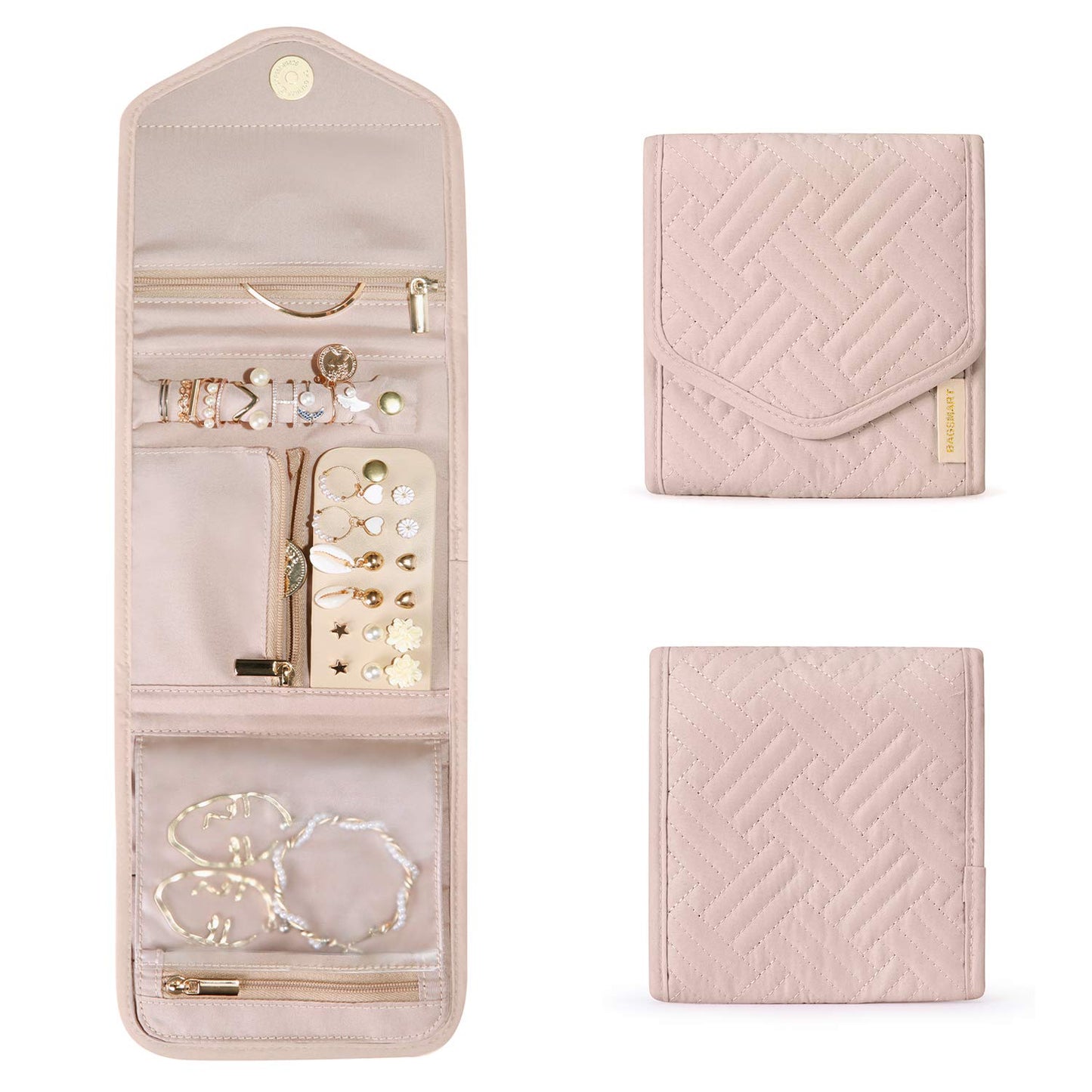 BAGSMART Travel Jewelry Organizer Case Foldable Small Jewelry Roll for Journey Rings, Necklaces, Earrings, Bracelets,Mini,Soft Pink