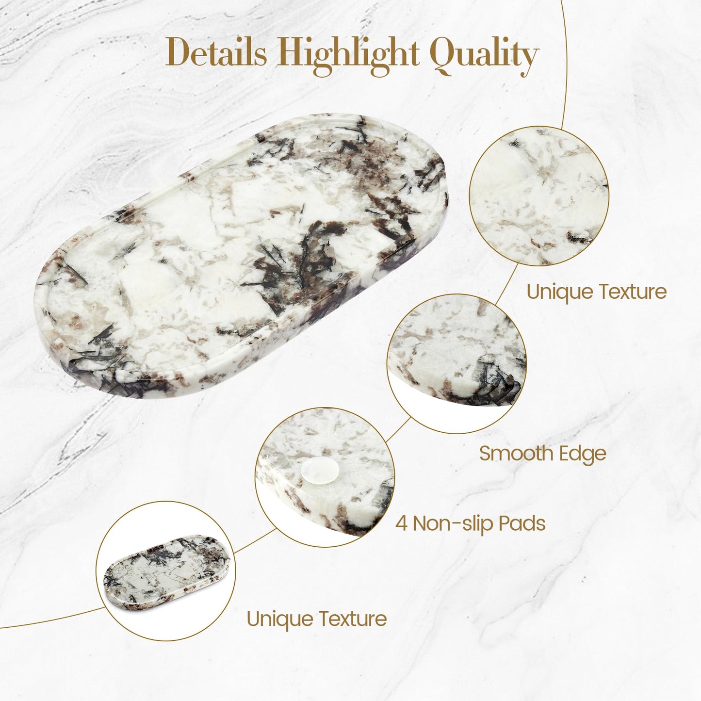 Natural Marble Tray Bathroom Tray, Luxury Decorative Trays for Bathroom, Vanity, Dresser, Kitchen & Home Decor, Valentine's Day House Warming Gifts New Home (Gold)