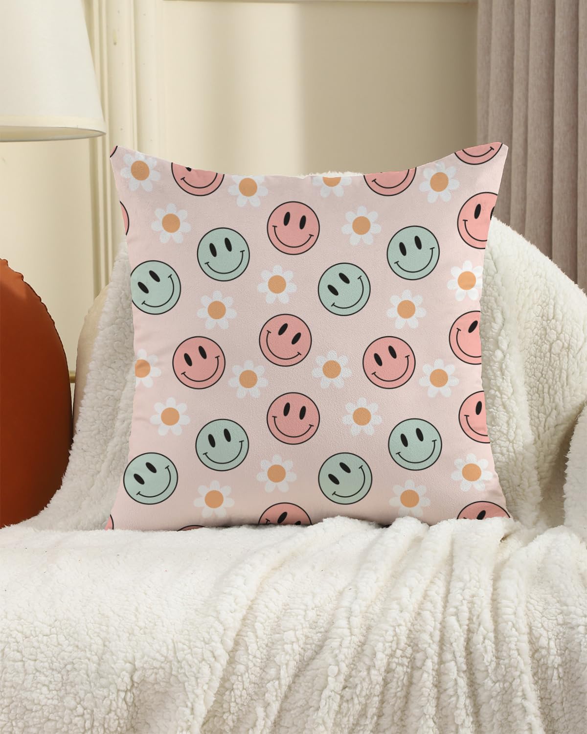 PreLiving Flower Face Preppy Throw Pillow Cover, Hippie Retro Groovy Aesthetic Happy Cute Pillowcase Decoration for Sofa Bedroom Living Room, 18 x 18 Inch