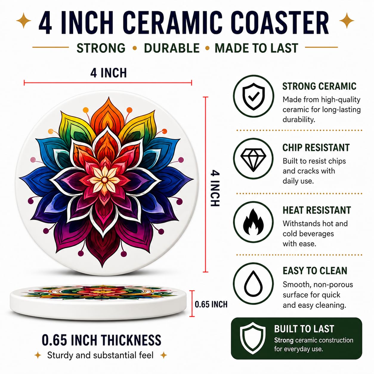 Mandala Ceramic Coasters Set of 6 with Holder – 4 Inch Absorbent Drink Coasters with Cork Backing