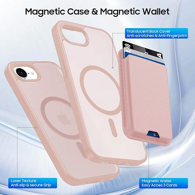Ntwinro Magnetic for iPhone 16e Case (Compatible with MagSafe) with Detachable Wallet & Card Holder for 3 Cards [RFID Blocking] Military Grade Protective Slim Phone Cover, Pink