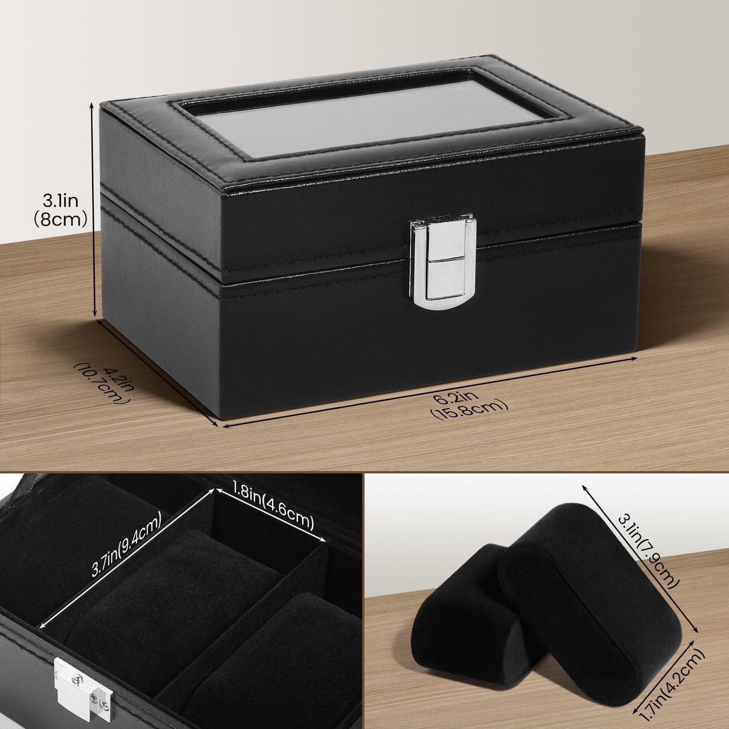Uten 3-Slot Watch Box, PU Leather Watch Case with Glass Lid, Watch Holder Organizer with Soft Pillow and Velvet Lining, Watch and Jewelry Storage Box, Black