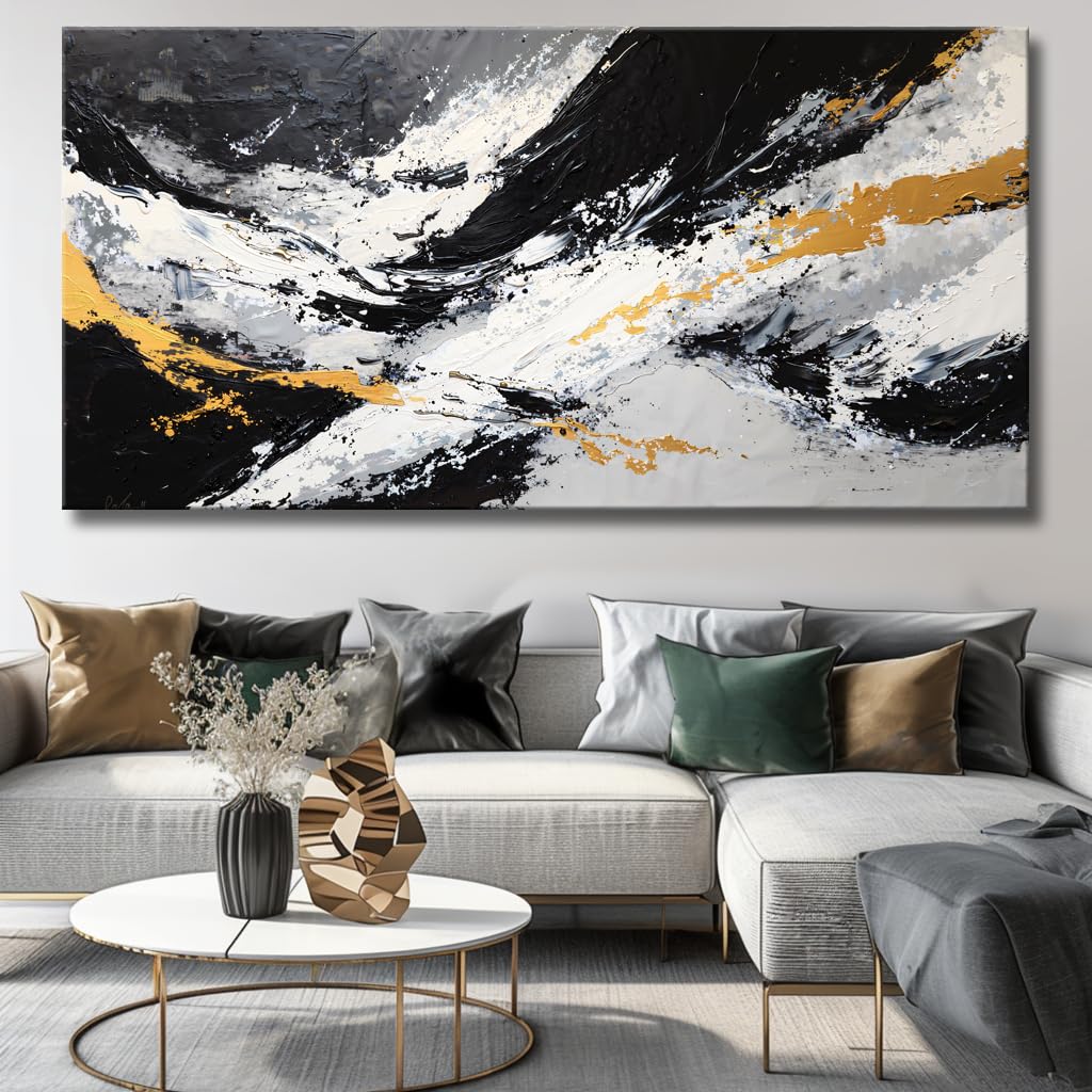 Large Abstract Black and Gold Ink Splatter Wall Art Stylish Framed Canvas Print for Living Room, Bedroom, Dining Room, and Home Office Modern Ready to Hang Home Decor - 20"x40"
