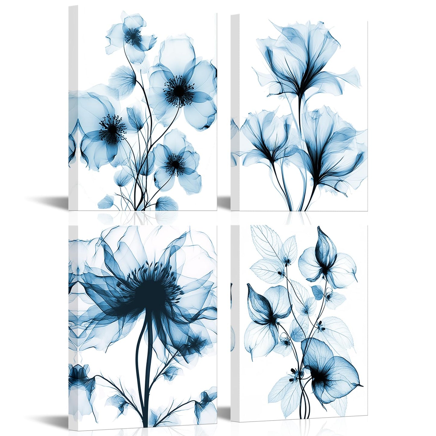 KREATIVE ARTS Blue Flickering Flower Canvas Wall Art - Modern Abstract Paintings, 4 Pcs, 12x16 Each, Graceful Floral Pictures, Gallery Wrapped for Living Room, Bedroom, Office Home Decor