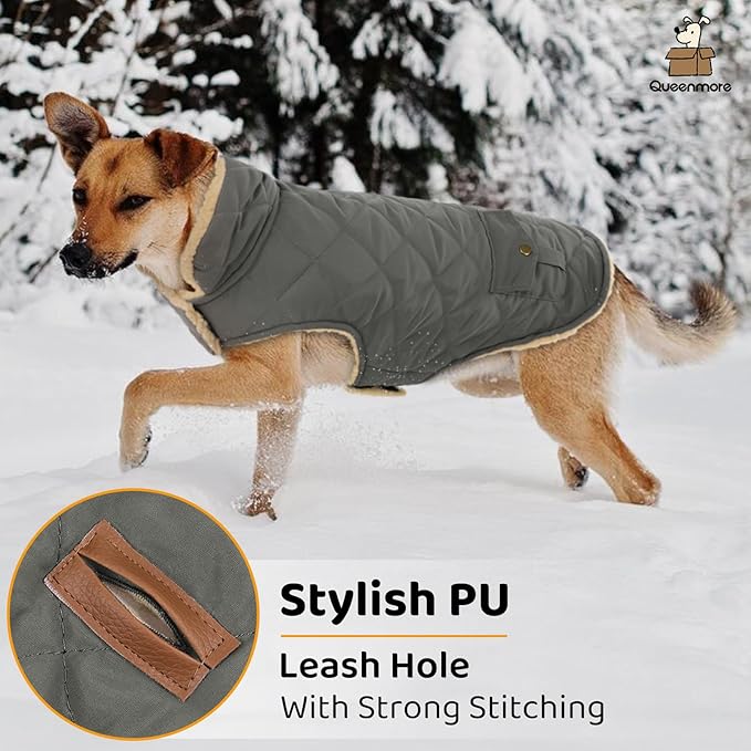 Queenmore Dog Winter Coat - Fleece Jacket, Waterproof Cold Weather Clothes, Thick Warm Cotton Padding, Easy On Storage Pockets (Grey, X-Large)