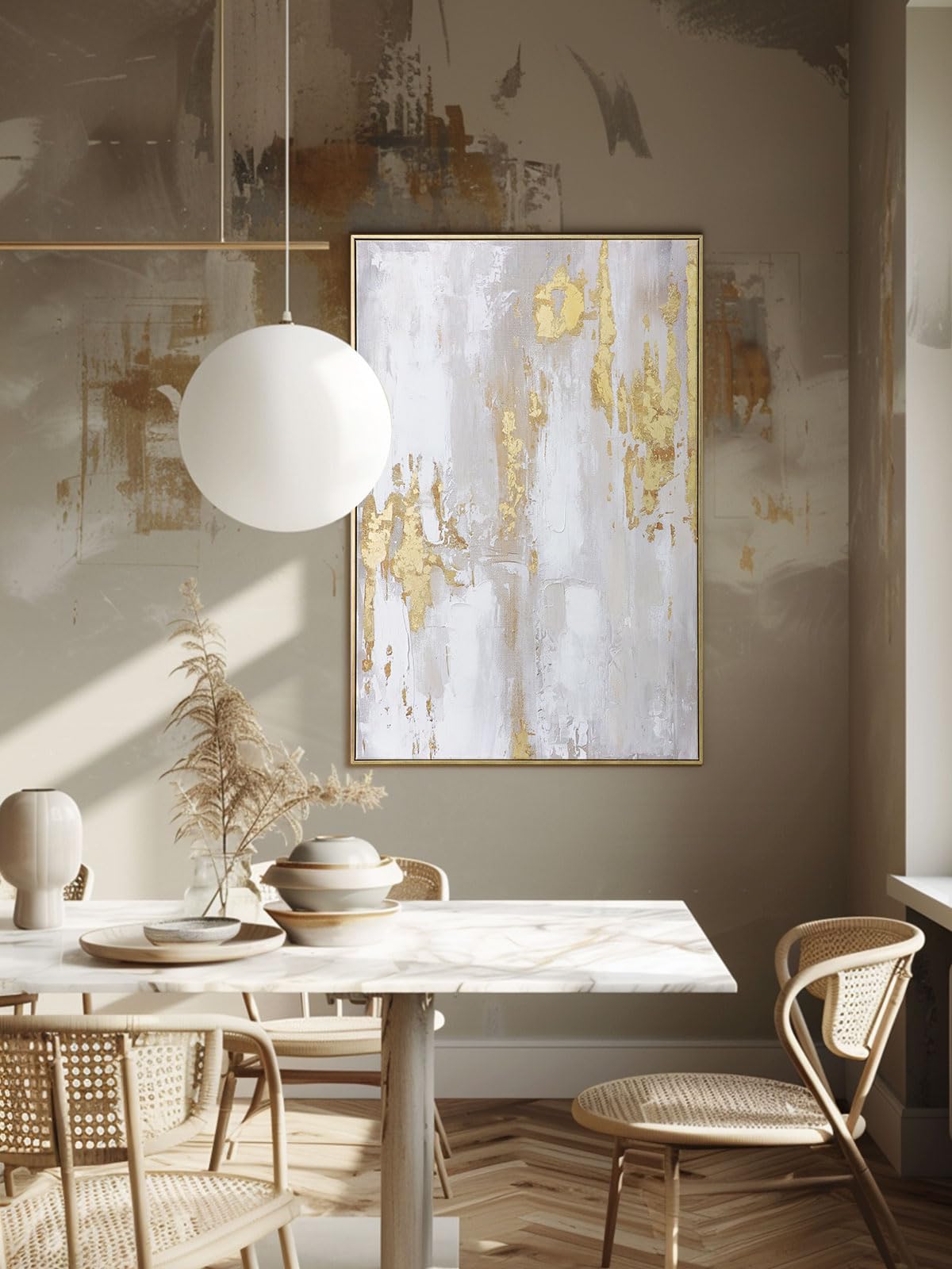 Modern Gold and Neutral Abstract Wall Art - 24x36 inch x 2, Framed Canvas Artworks - Contemporary Décor for living room，bedroom