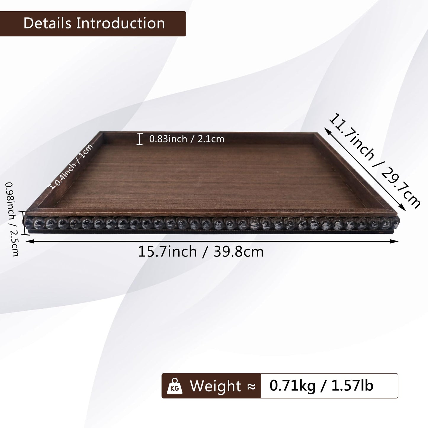 FramePro Decorative Tray 12x16 Rectangular Wood Beaded - Brown Serving Tray for Living Room, Coffee Table, Kitchen or Farmhouse Display