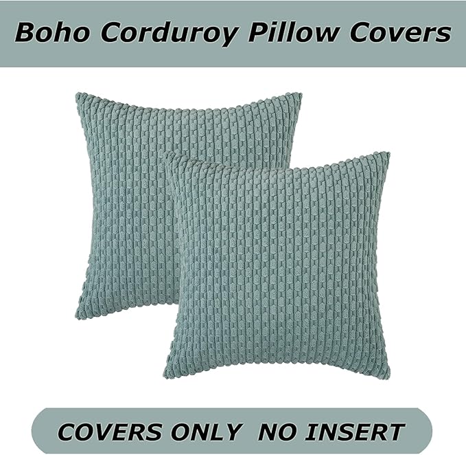 Kevin Textile Throw Pillow Covers Soft Corduroy Decorative Set of 2 Boho Striped Pillow Covers Pillowcases Farmhouse Home Decor for Couch Bed Sofa Living Room 18x18 Inch Dusty Green
