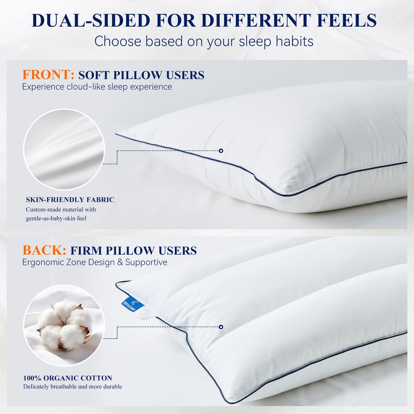 ROSE FEATHER Goose Down Pillows Queen Size Set of 2, 3-Chamber Cervical Neck Support Down Feather Pillow 100% Soft Cotton Cover Luxury Hotel Bed Goose Feather Pillows (Queen (Pack of 2))