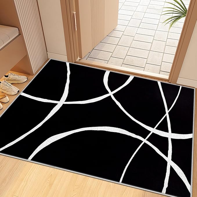 Black and White Rugs, Abstract Rug, Modern Minimalist Rug, Curved Line Design Carpet, Black and White Abstract Rugs Washable Non Slip Home Decor 6x8