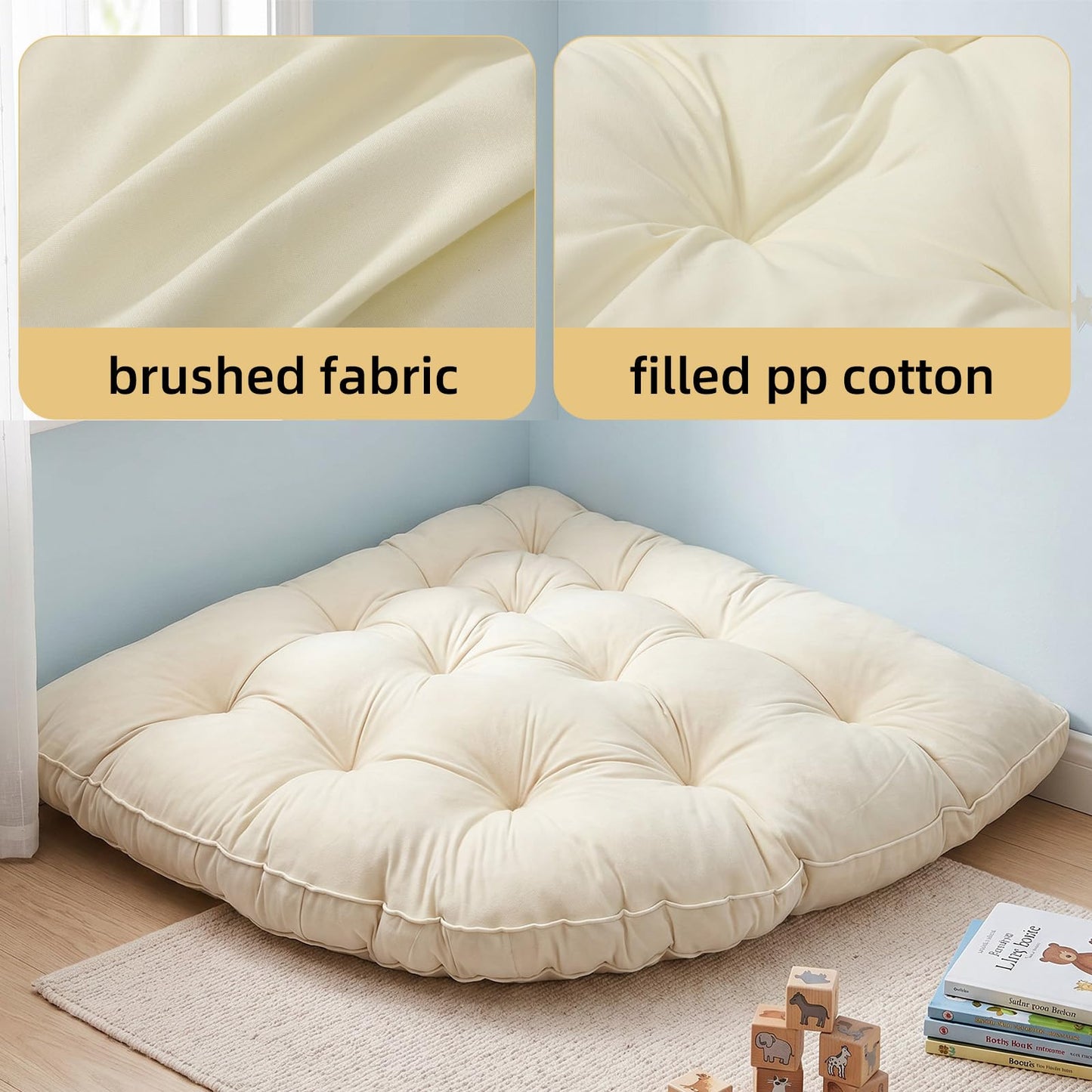 Yookeer Triangle Floor Pillow 100cm Cream Tufted Corner Floor Cushion Thickened Soft Window Seat Cushion Washable Meditation Mat for Living Room Bay Balcony Reading