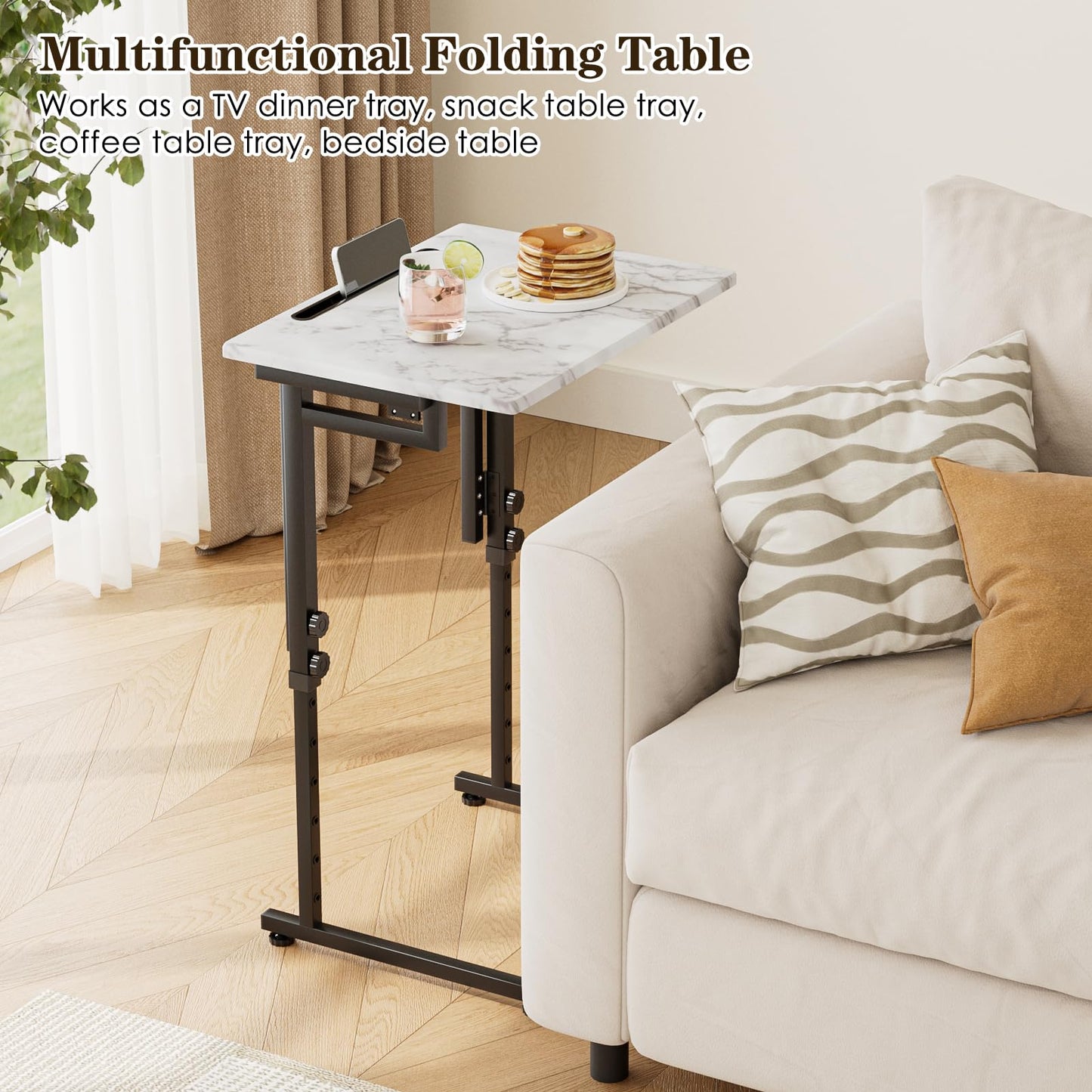 Fleecy day TV Tray, Folding TV Dinner Table, Adjustable Small C-Shaped End Tray for Eating, Foldable Slide Under Couch Side Table for Recliner, Living Room,No Assembly Required(White Marble,2Pcs)