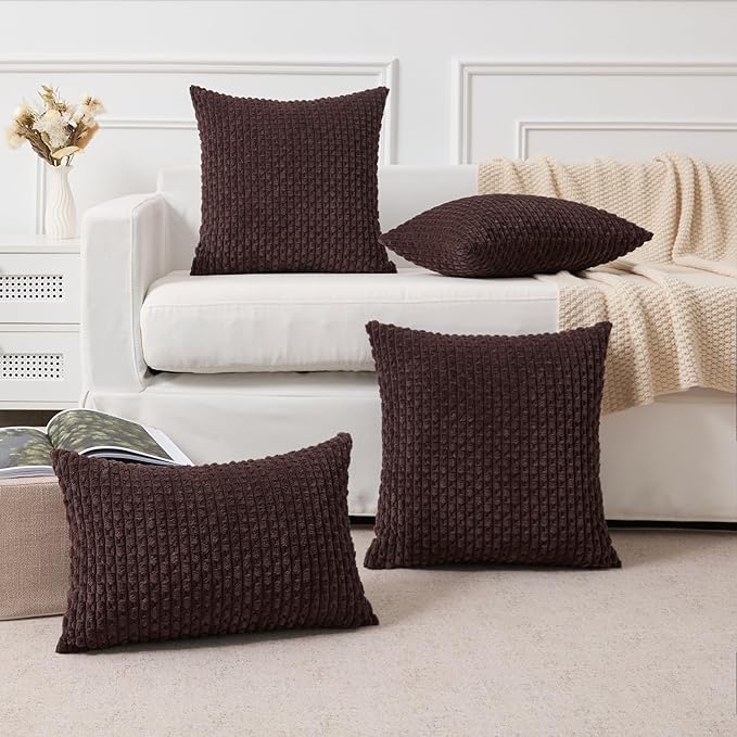 Kevin Textile Decorative Pillow Covers Set of 2 Striped Plush Corduroy Pillows Pillowcases Boho Home Decor Cushion Covers for Couch Sofa Bed Living Room 20x20 Inch, Coffee
