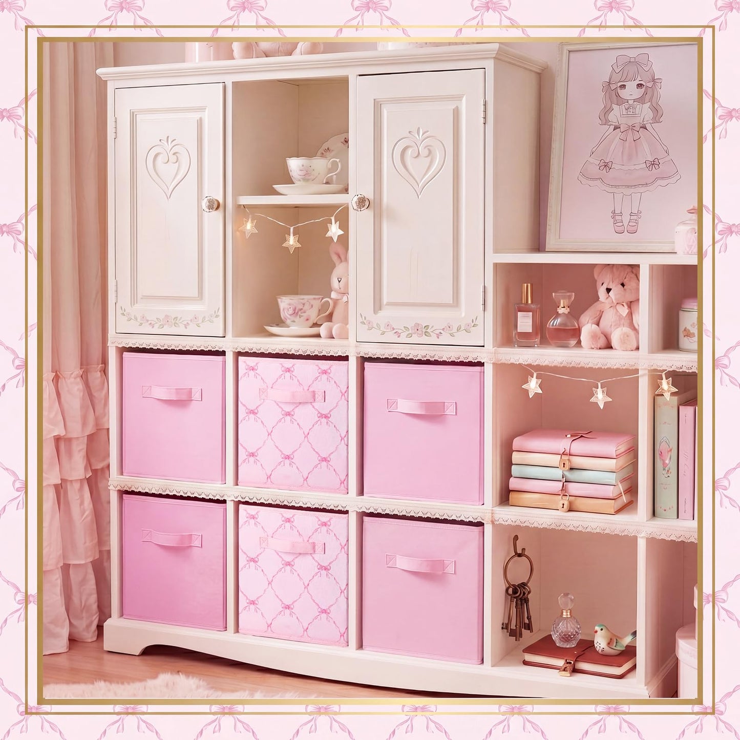 Geelin 6 Pcs Pink and Pink Bow Cube Storage Bins 11 Inch Storage Basket with Handle Cute Preppy Girls Organizer Container Collapsible Fabric Box for Classroom Bedrooms Office Home Decoration Gift