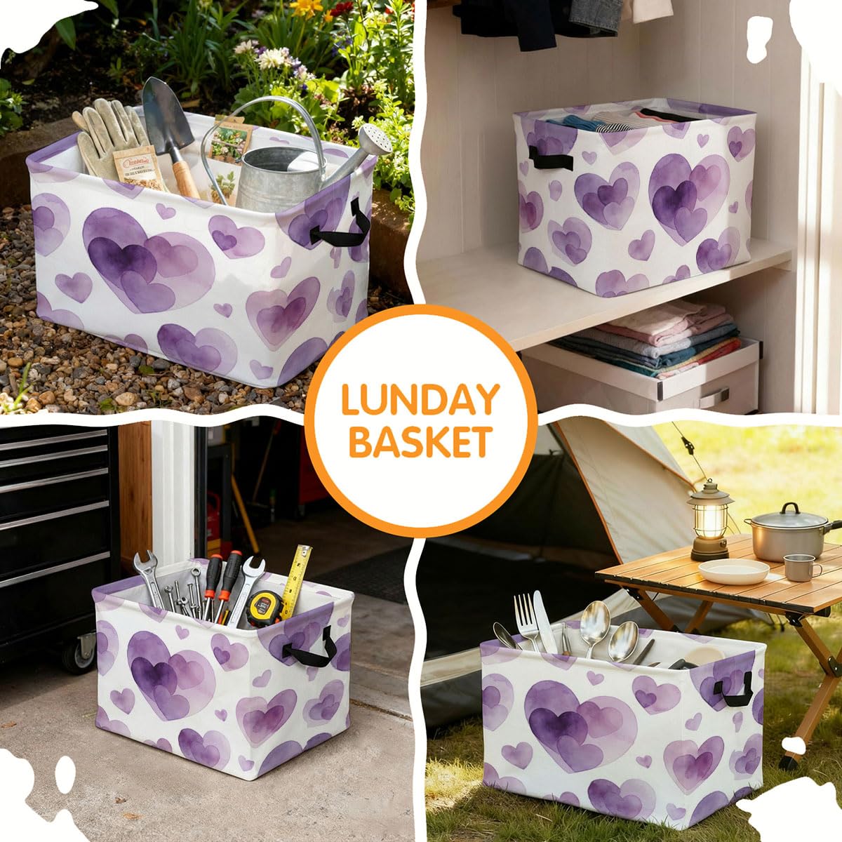 56L Purple Heart Foldable Square Laundry Hamper with Handles – Large Clothes, Blanket & Toy Storage Basket for Home Organization.