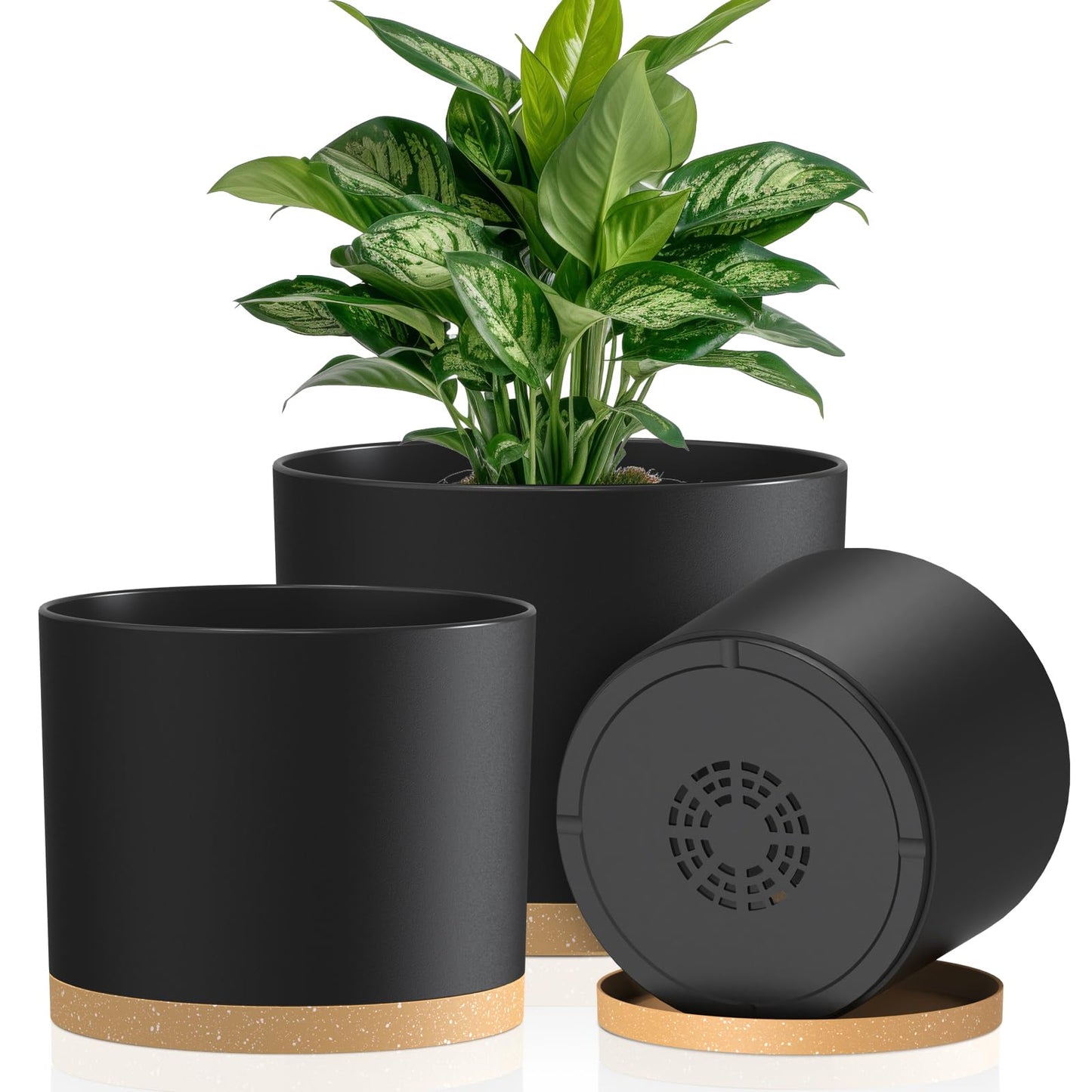 KUGAZ Plant Pots, 10/9/8 Inch 3 Pack Cylindrical Flower Pots with Drainage Holes and Saucers, Plastic Planters for Outdoor Indoor Plants,Black Brown