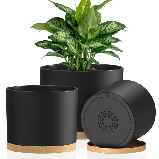 KUGAZ Plant Pots, 10/9/8 Inch 3 Pack Cylindrical Flower Pots with Drainage Holes and Saucers, Plastic Planters for Outdoor Indoor Plants,Black Brown
