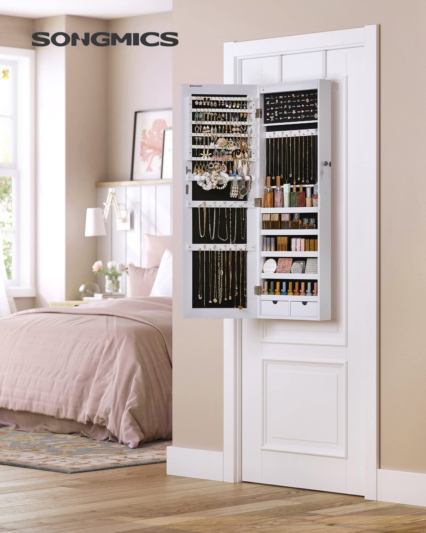 SONGMICS Hanging Jewelry Cabinet, Wall-Mounted Cabinet with LED Interior Lights, Door-Mounted Jewelry Organizer, Full-Length Mirror, Gift Idea, White UJJC99WT