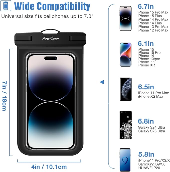 ProCase 2 Pack Waterproof Phone Pouch Case, 7" Universal Underwater Cellphone Dry Bag for iPhone 17 Air 16 15 14 13 Pro Plus Max 12 11, Galaxy S24 S23 S22 Ultra Pixel -Black/Green