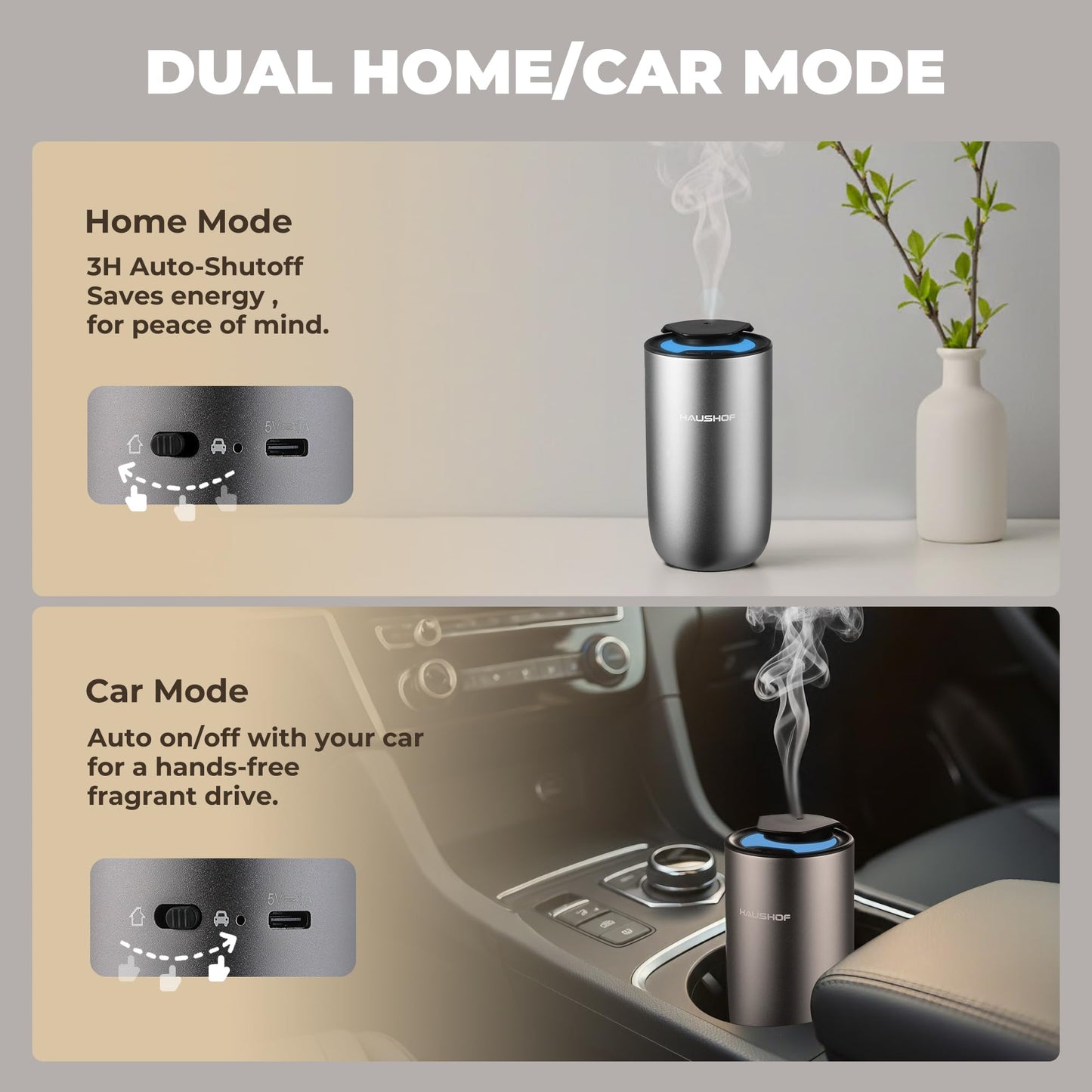 HAUSHOF Waterless Essential Oil Diffuser for Home & Car, Smart Aromatherapy Scent Diffuser with Auto On/Off, 3 Mist Levels & 3 Color Lights, Rechargeable Portable Design, Premium Silver Metal Finish