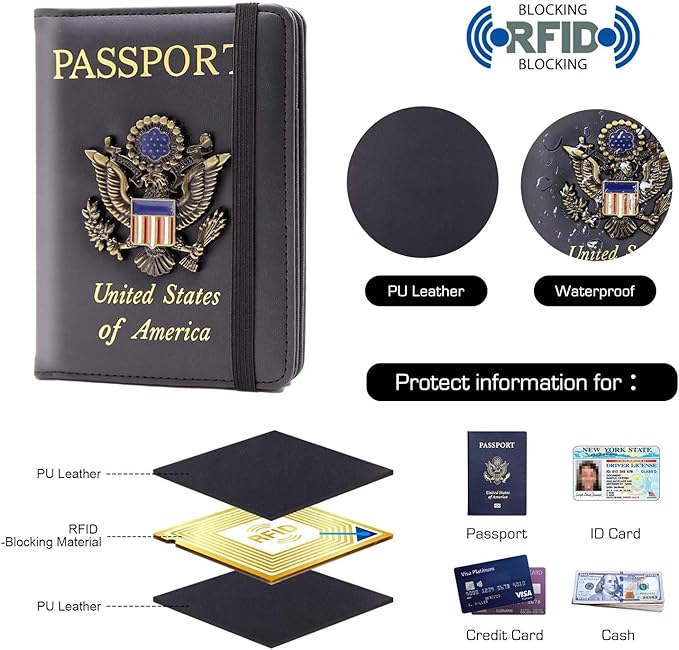Cnycmy Passport Holder for Travel, Pu Leather Travel Wallet, RFID Blocking, Metal United States Coat of Arms, Waterproof cover for Family (Black)