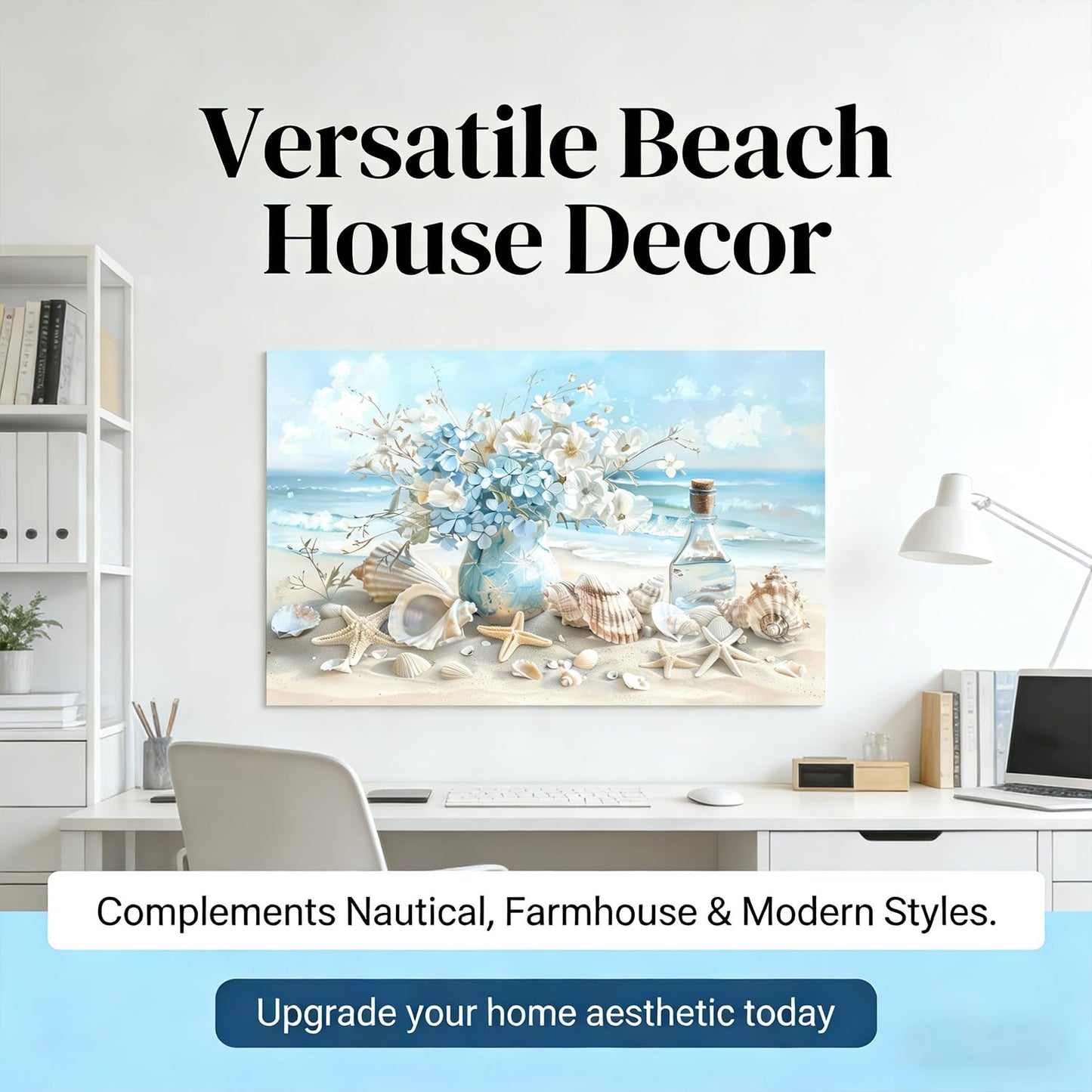 Blue Ocean Beach Bathroom Canvas Wall Art Seaside Seashell Painting Picture Wall Decor Starfish with White Flower Coastal Poster Print Artwork for Living Room Bedroom Bathroom Decor 12x16 in Canvas