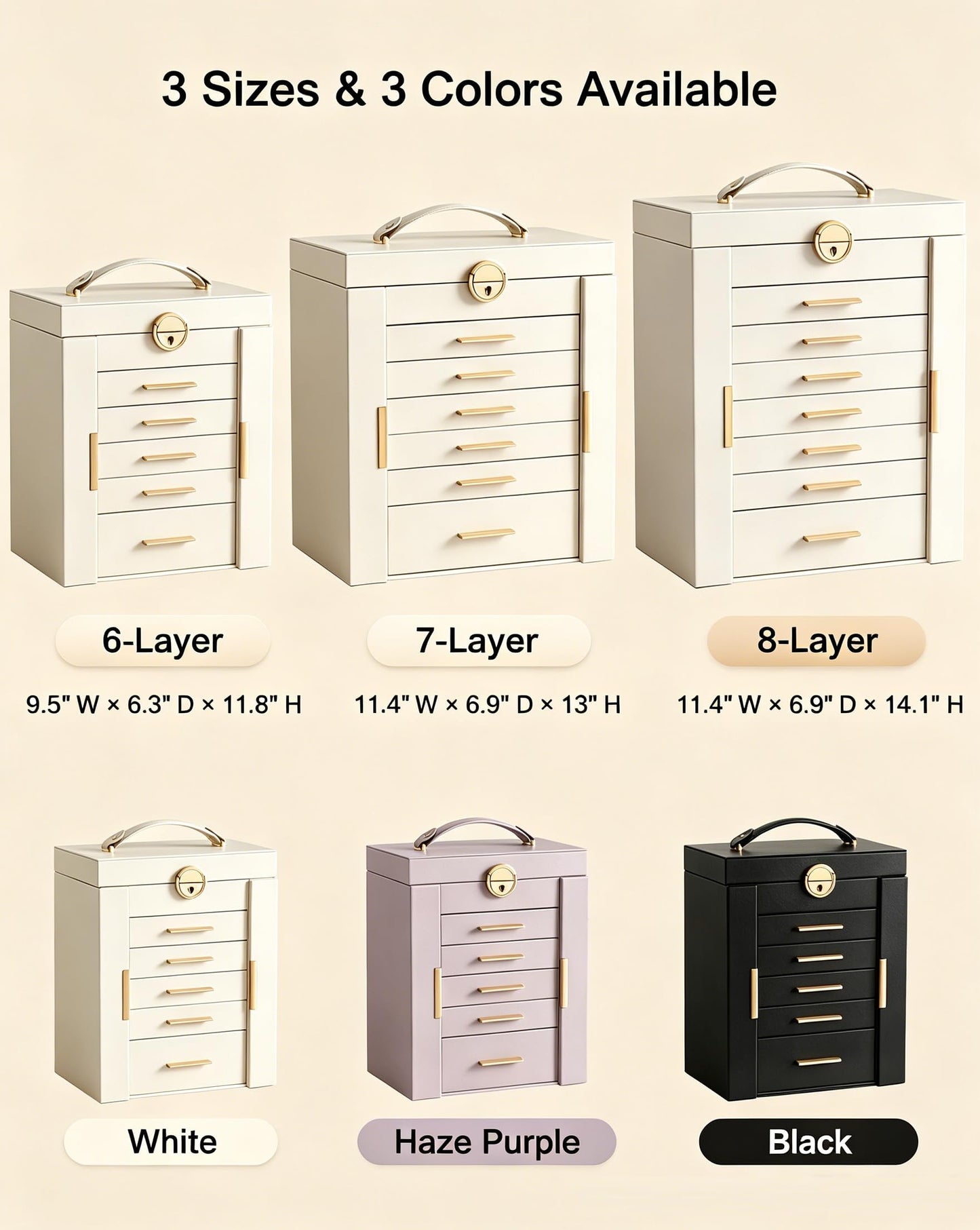 Lolalet Large Jewelry Box Organizer for Women, 6-Layer Jewelry Organizers and Storage Case with Mirror & 5 Drawers, Lockable Watch Ring Earring Bracelet Necklace Holder Girls Gift -6Layer, Beige