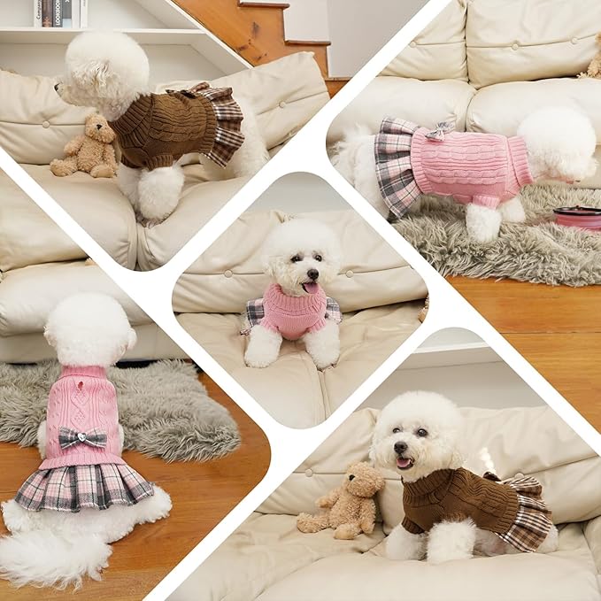 YUDODO 2 Pack Small Dog Sweater Dress with Bowtie Turtleneck - Knitted Pet Girl Dog Winter Clothes - Pet Warm Sweater for Puppy Yorkies, Chihuahua (XL Grey+Pink)