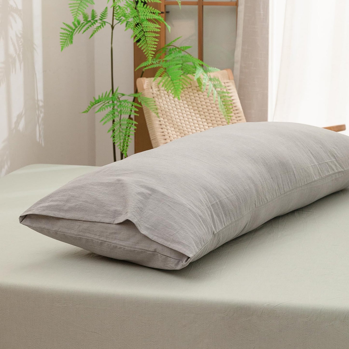 BESTOUCH 100% Washed Cotton Pillowcase for Hair and Skin Linen Feel Soft Comfortable Breathable 1 Pcs Pillow Case with Envelope Closure Solid Light Grey Body 20x54 Inches