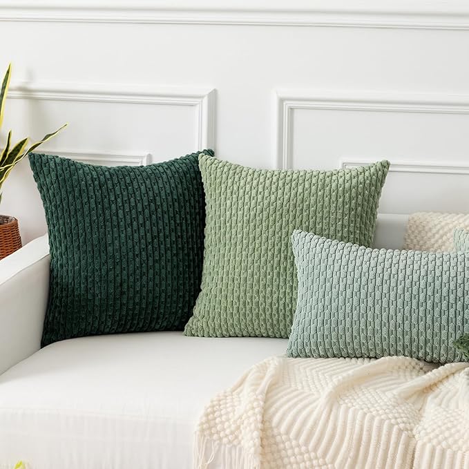 Kevin Textile Decorative Pillow Covers Set of 2 Striped Plush Corduroy Pillows Pillowcases Boho Home Decor Cushion Covers for Couch Sofa Bed Living Room 16x16 Inch, Army Green