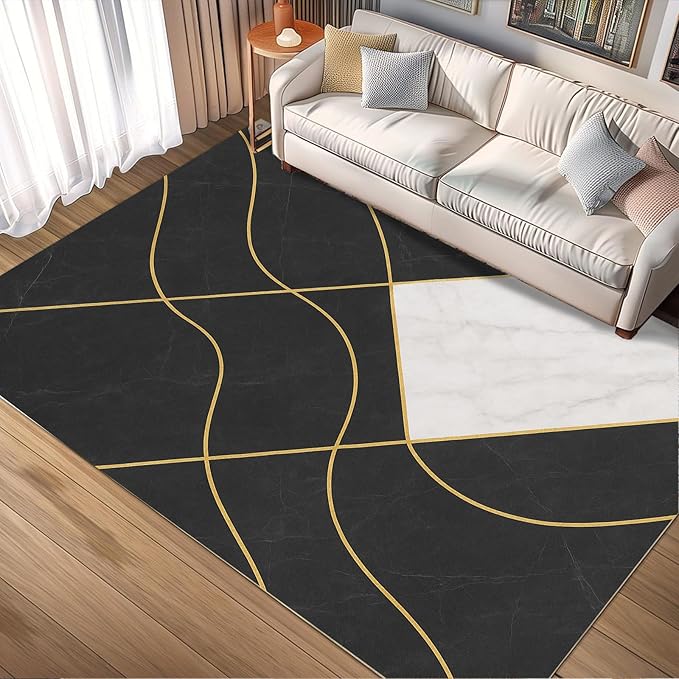 Geometric Marble Rugs - 7x10 Area Rug, Abstract Lines Area Rugs, Luxury Marble Living Room Rug, Washable & Non Slip Large Rug Home Decor