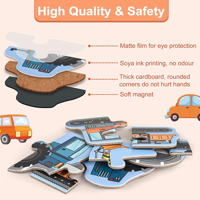 ASTARON 3D Magnetic Puzzle with 60 Puffy Stickers for Toddlers, 41 Pieces Construction Vehicles Toddler Puzzles Preschool Education Learning Travel Toys Car Plane Activities for Kids Quiet Time