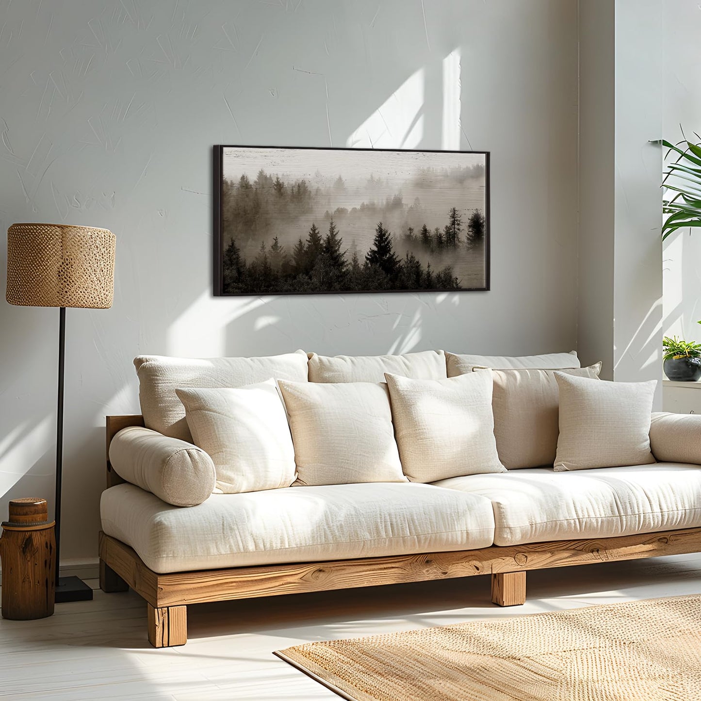 KREATIVE ARTS Large Framed Forest Canvas Wall Art – 24x48'' Foggy Mountain Landscape Print with Black Floater Frame, Nature-Inspired Decor for Living Room, Bedroom, or Office