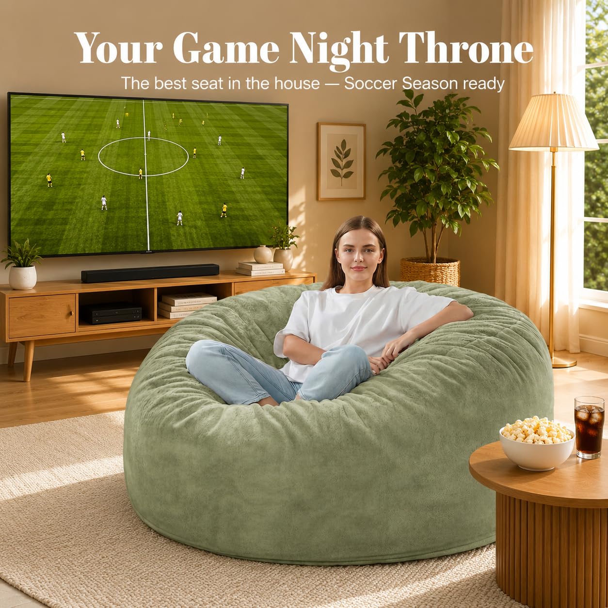 Codi Sage Oversized Bean Bag Chair for Adults, Comfy 5 Ft Beanbag Chairs with Filler Included - Machine Washable & Removable Cover, Premium Shredded Foam